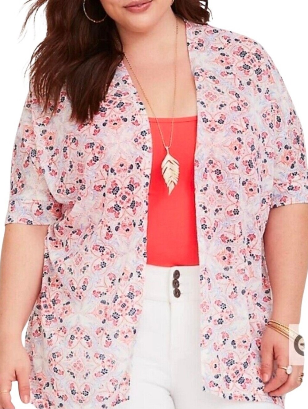 Torrid Short Sleeve Dolman Open Cardigan Kimono Knit Floral Blue Red White 3X